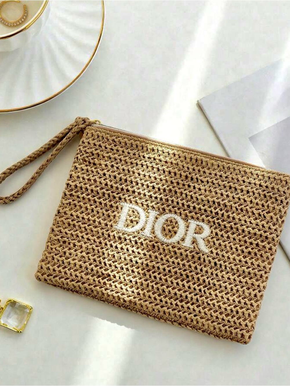 Dior Beige Woven Raffia Wristlet Pouch NWT GWP - Picture 3 of 13